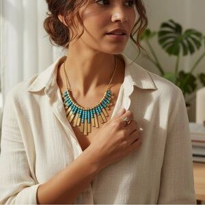 Heavy Brass Bib Necklace w/ Turquoise Howlite Stones Statement Piece